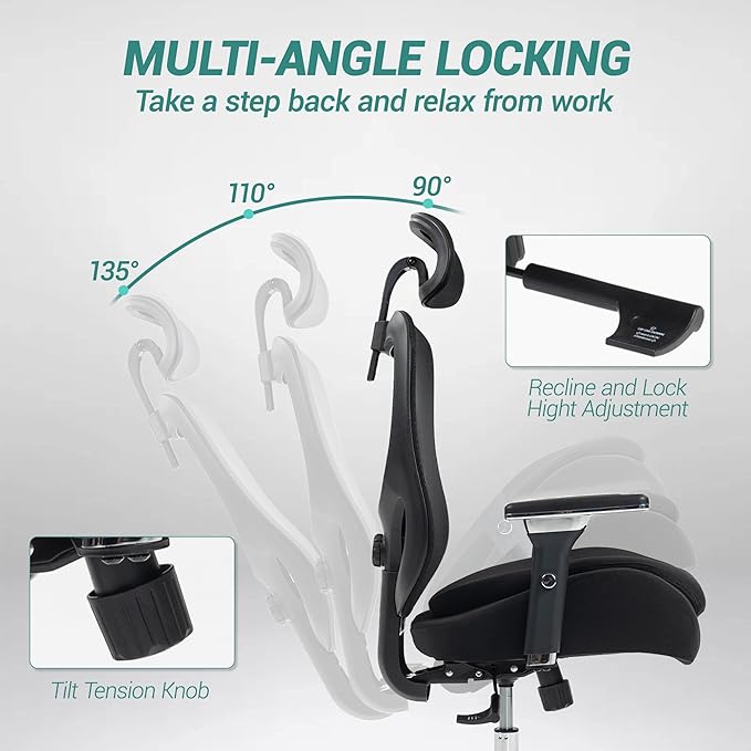 450 LBS Big and Tall Office Chair, Heavy Duty Executive Chair w/4D Arms, Ergonomic Computer Home Desk Chair, Swivel Mesh Chair w/2D Lumbar Support, Adjustable Headrest, Tilt Lock-Black