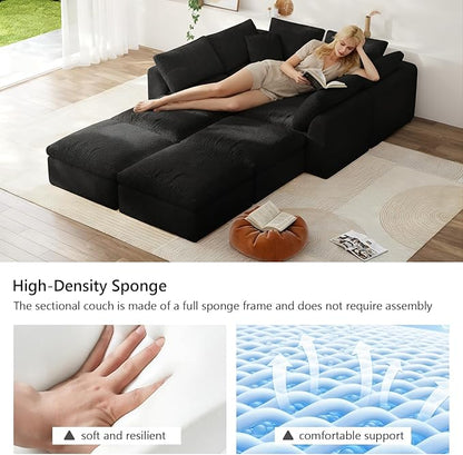 138" Boneless Cloud Couch Modular Sectional Sofa with Deep Seat for Living Room, L Shape Couch with Ottoman, Snowflake Cloth and 40D Memory Sponge，2 Throw Pillows (Black, 4 Seater+4 Ottoman)