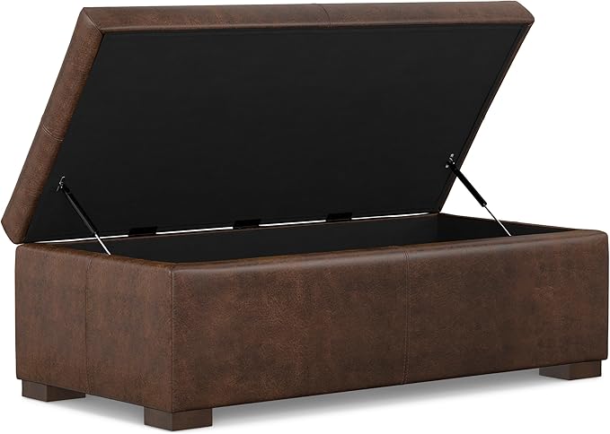 SIMPLIHOME Gabbie 48 inch Wide Contemporary Rectangle Rectangular Storage Ottoman in Distressed Chestnut Brown Vegan Faux Leather, Assembled, For the Living Room, Entryway and Family Room