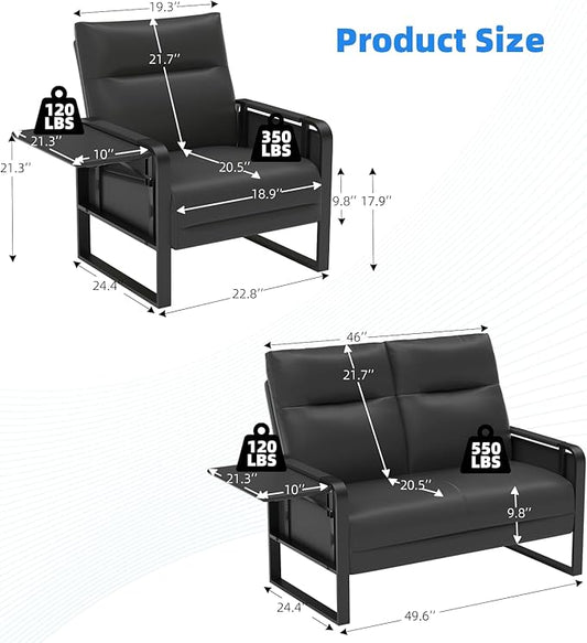 3 Piece Living Room Sofa Set, Leather Sofa Sets with Side Tray & Pocket, Modern 3 Pcs Sectional Couches Set for Apartment, Office, Bedroom (Black, Lovseat+2-Seat)