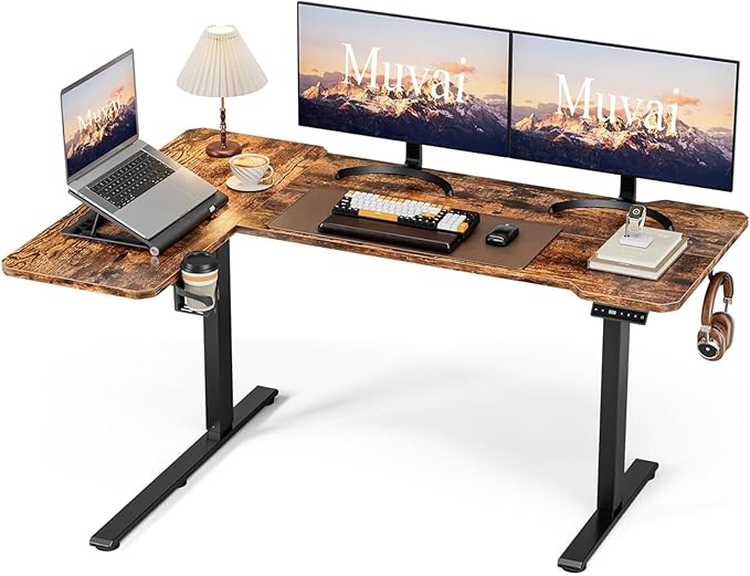 59 Inch L Shaped Standing Desk Adjustable Height, Electric Corner Standing Desk, Sit Stand Computer Table with Reversiable Splice Board, Rustic Brown