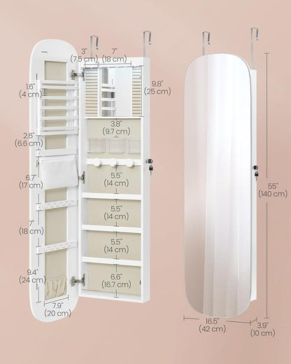SONGMICS Jewelry Organizer, LED Jewelry Cabinet Wall/Door Mounted, Lockable Rounded Wide Mirror with Storage, Christmas Gift, 3.9 x 16.5 x 55 Inches, White Surface with Greige Lining