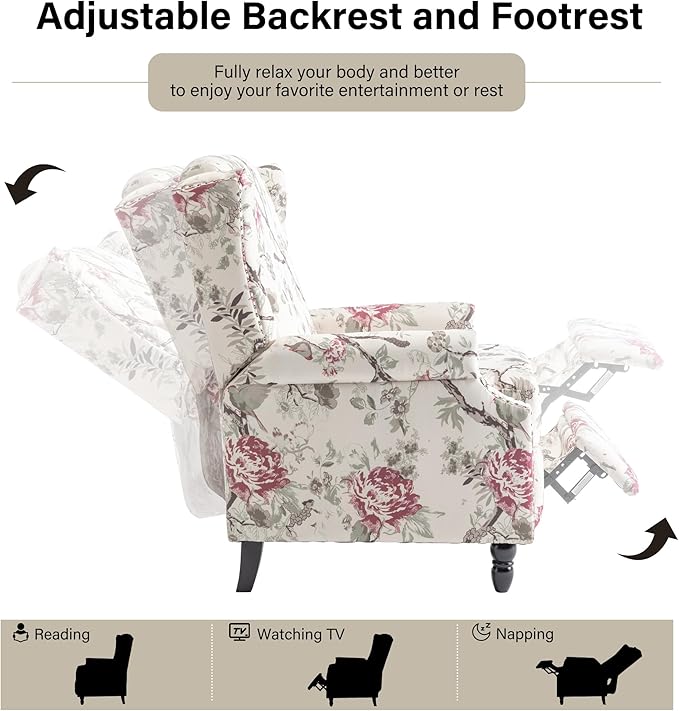 Recliner Chair, Upholstered Wingback Floral Pushback Armchair with Adjustable Backrest & Footrest, Comfy Accent Chair for Small Spaces, Living Room, Bedroom (Plants Floral, Set of 2)