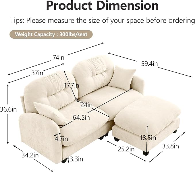 74" Loveseat L Shaped Sofa with Ottoman, Comfy Chenille Fabric Cloud Sectional Couch, Modern Upholstered Deep Seat Sofa with Armrest Pillow, Cloud Couch for Small Spaces Apartment, Beige