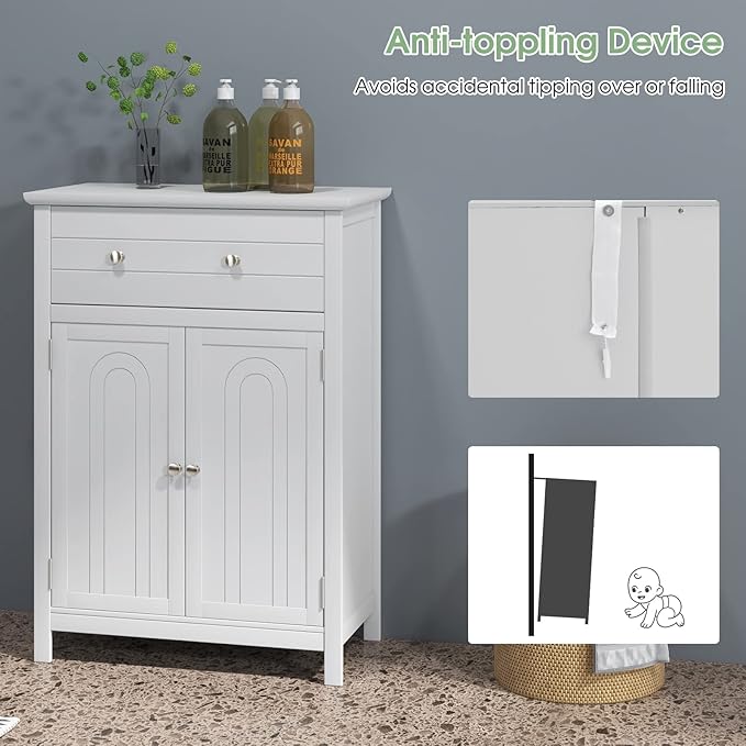 LOKO Bathroom Floor Cabinet, Kitchen Storage Cabinet with 1 Drawer, 2 Doors & 3-Position Adjustable Shelf, 2-Door Floor Storage Cabinet for Bathroom, Living Room, Entryway (White)