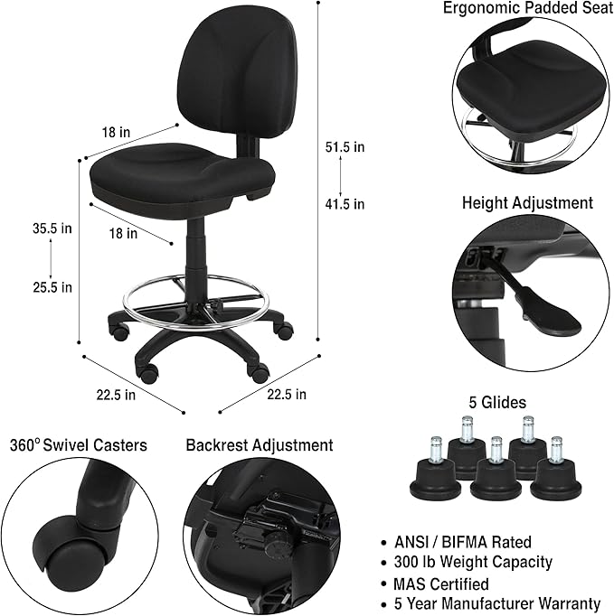 OEF Furnishings Comfort Office Stool, 24.5"-34.5" Height