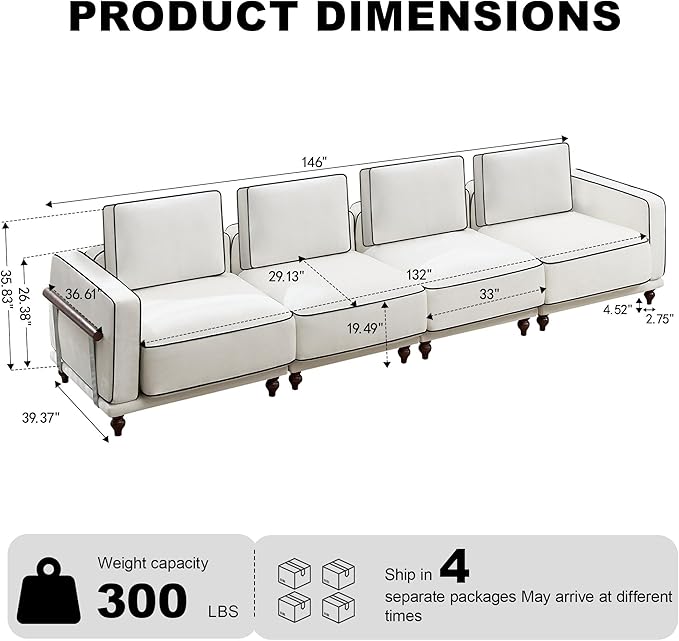 146" Cloud Modular Sectional Sofa,Oversized Deep 4 Seater Couch with Armrests Wooden Legs,Comfy Thicked Cushion Upholstered Sofa for Living Room Bedroom,White