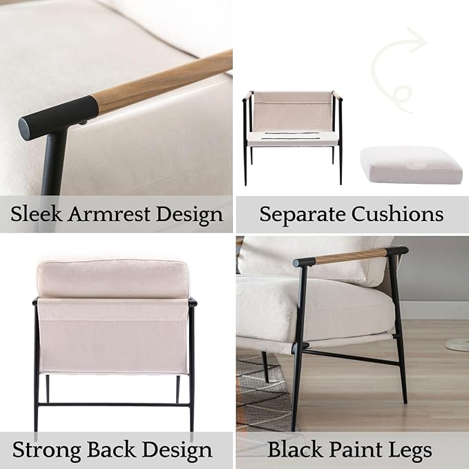 LukeAlon Mid-Century Chenille Accent Chair, Ultra Soft Living Room Chair with Metal Legs Modern Armchair Lounge Chairs Upholstered Comfy Leisure Chair for Bedroom Reception Area Reading Room, Beige