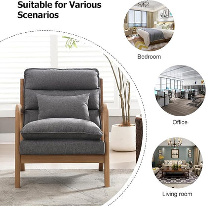 INZOY Mid Century Modern Accent Chair with Wood Frame, Upholstered Reading Armchair with Waist Cushion, Double Padded Accent Chair, Side Chair for Living Room Bedroom Office, Easy Assembly, Grey