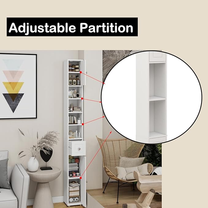 Tall Slim Bathroom Storage Cabinet, 71" Freestanding Bathroom Cabinet w/ 2 Doors, 1 Drawer, 4 Adjustable Shelves, Floor Narrow Tower Cabinet for Small Spaces