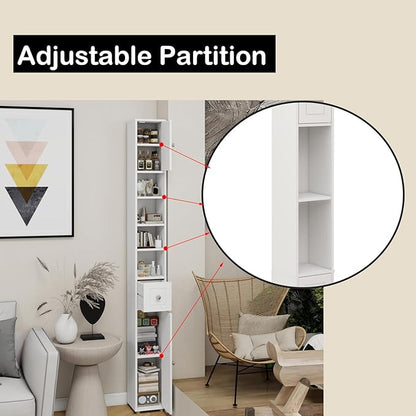 Tall Slim Bathroom Storage Cabinet, 71" Freestanding Bathroom Cabinet w/ 2 Doors, 1 Drawer, 4 Adjustable Shelves, Floor Narrow Tower Cabinet for Small Spaces