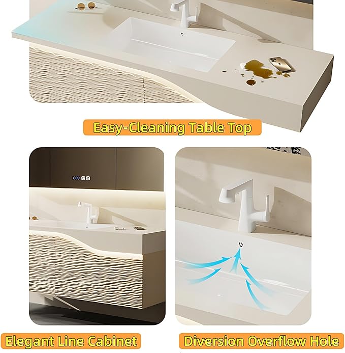36in Elegant Modern Luxury Bathroom Vanity with Sink - Wall Mounted Solid Wood Cabinet & Smart LED Defogging Mirror | Single Sink Bathroom Cabinets