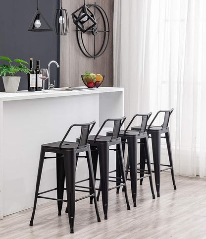 HAOBO Home 24" Low Back Metal Counter Stool Height Bar Stools [Set of 4] for Indoor/Outdoor Barstools, Matte Black
