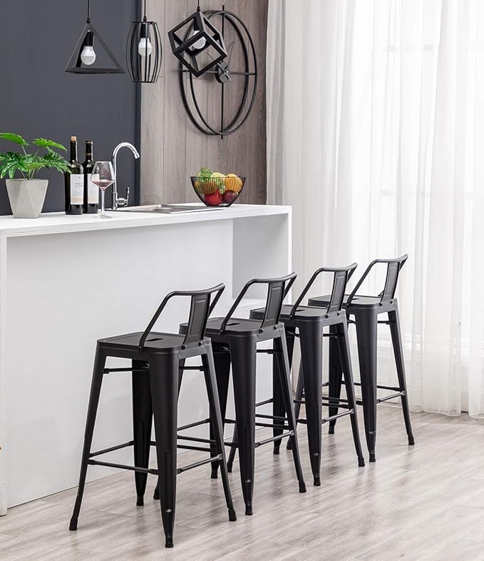 HAOBO Home 26" Low Back Metal Counter Stool Height Bar Stools [Set of 4] for Indoor/Outdoor Barstools, Matte Black