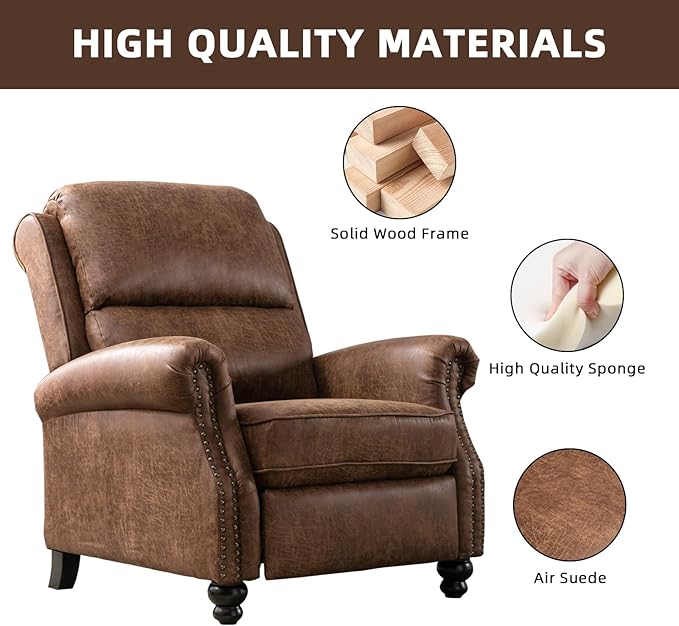 Push Back Recliner Chair Faux Leather Lounge Armchair with Rivet Decoration Wingback Single Sofa Chair with Padded Seat Solid Wood Legs for Living Room, Comfy Upholstered Set of 2, Chocolate