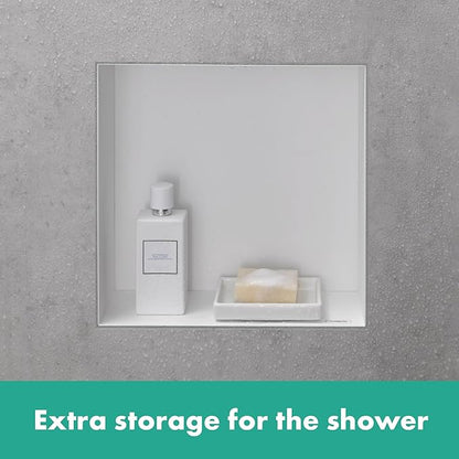 hansgrohe XtraStoris Minimalistic Recessed Wall Niche with Open Frame 12"x 12"x 4" in Brushed Stainless Steel, 56073800