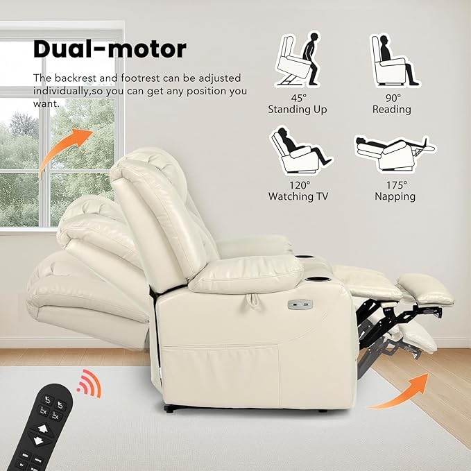 EONIX Dual Motor Oversized Power Lift Recliner Chair for Elderly, 400lbs Heavy Duty Faux Leather Recliner with Massage and Heat, Lay Flat Big and Tall Lift Chair with Cup Holders, Cream White