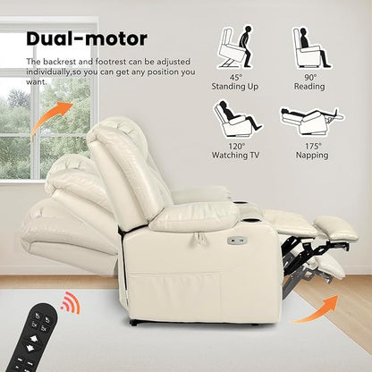 EONIX Dual Motor Oversized Power Lift Recliner Chair for Elderly, 400lbs Heavy Duty Faux Leather Recliner with Massage and Heat, Lay Flat Big and Tall Lift Chair with Cup Holders, Cream White