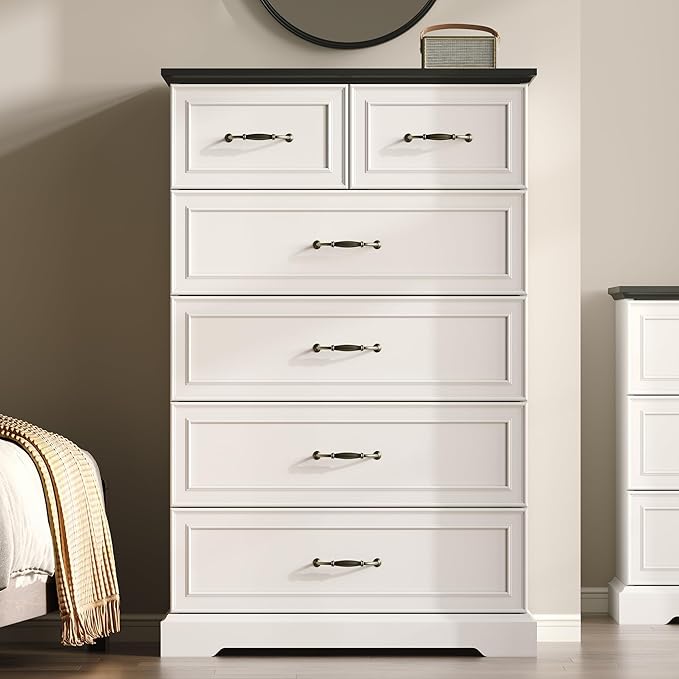 Farmhouse 6 Drawers Dresser for Bedroom, 49" Tall Modern Chest of Drawers with Deep Drawers & Bar Handles, Rustic Wood Dresser TV Stand, Wooden Closet Storage Organizer for Living Room, Hallway, White