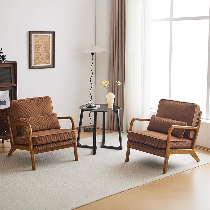 Karl home Mid-Century Modern Accent Chair, Living Room Chairs with Pillow Corduroy Upholstered Lounge Armchair with Solid Wood Frame & Soft Cushion for Bedroom, Reading Room, Brown