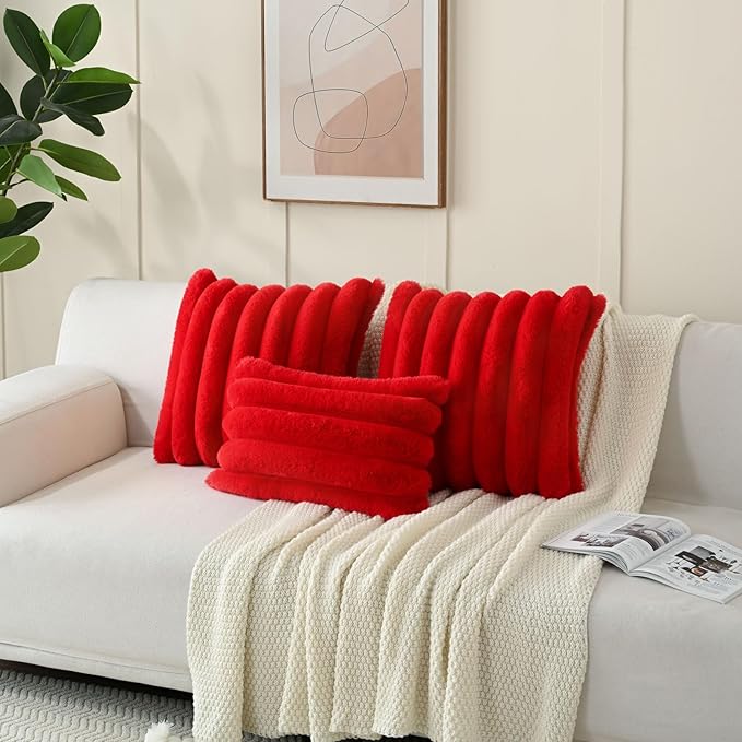 FUTEI Christmas Red Decorative Throw Pillow Covers 24x24 Inch Set of 2, Square Soft Faux Rabbit Fur Thick Striped European Cushion Covers,Winter Home Decor for Couch Bed Living Room