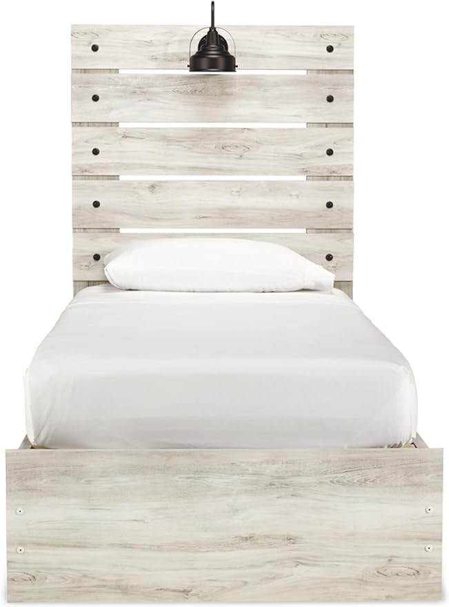 Signature Design by Ashley Cambeck Farmhouse Twin Panel Platform Bed with 4 Storage Drawers, Cubbies, Sconce Light and USB Ports, Foundation or Box Spring Not Needed, Whitewash