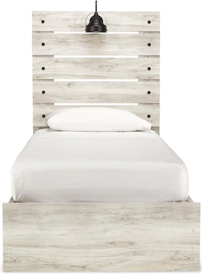 Signature Design by Ashley Cambeck Farmhouse Twin Panel Platform Bed with 4 Storage Drawers, Cubbies, Sconce Light and USB Ports, Foundation or Box Spring Not Needed, Whitewash