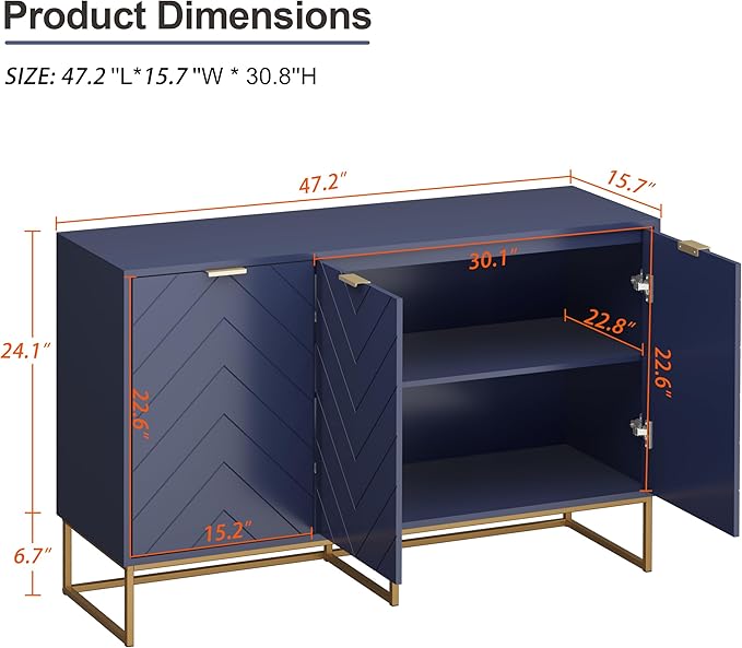 Scurrty 31.5'' Navy Blue Sideboard Cabinet, 3-Door Buffet with Adjustable Shelf & Herringbone Design, Versatile Storage Cabinet for Kitchen, Living Room & Entryway