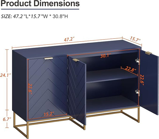 Scurrty 31.5'' Navy Blue Sideboard Cabinet, 3-Door Buffet with Adjustable Shelf & Herringbone Design, Versatile Storage Cabinet for Kitchen, Living Room & Entryway