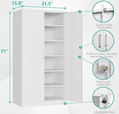 SISESOL Metal Storage Storage Cabinet with 5 Adjustable Shelves,White Metal Cabinet with Locking Doors,Steel Pantry Cabinet with Lock,71" Lockable Storage Cabinet for Home,Office,Garage,Kitchen,Shop