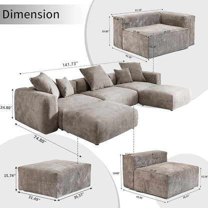 WJShome Cloud Couch Modular Sectional Sofa,141.73" U Shaped Sofa with 2 Ottomans,Brown Corduroy Couch 5 Seater,Convertible Sectional Sofa for Living Room,Cushion Covers Removable& Washable
