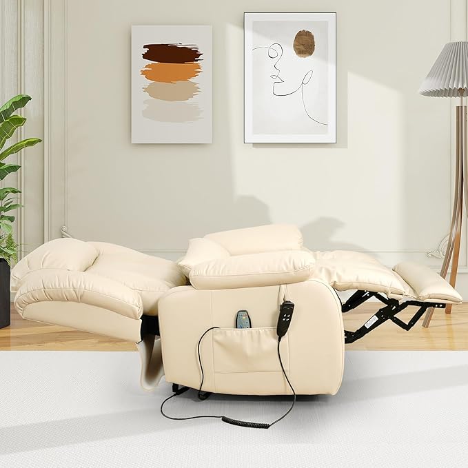 EDILLY Large Reclining Lift Chair, Dual Motor Massage Chair, Genuine Leather Recliner with Heating and Massage for Seniors, with Double Lumbar Cushion and Extended Footrest, USB Port(Beige)