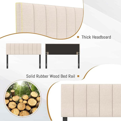 KOMFOTT Linen Upholstered Headboard for Full & Queen Size Bed, Vertical Channel Tufted Rectangular Headboard with Solid Wood Legs & Adjustable Width, Padded Bed Backboard, Easy Assembly, Beige