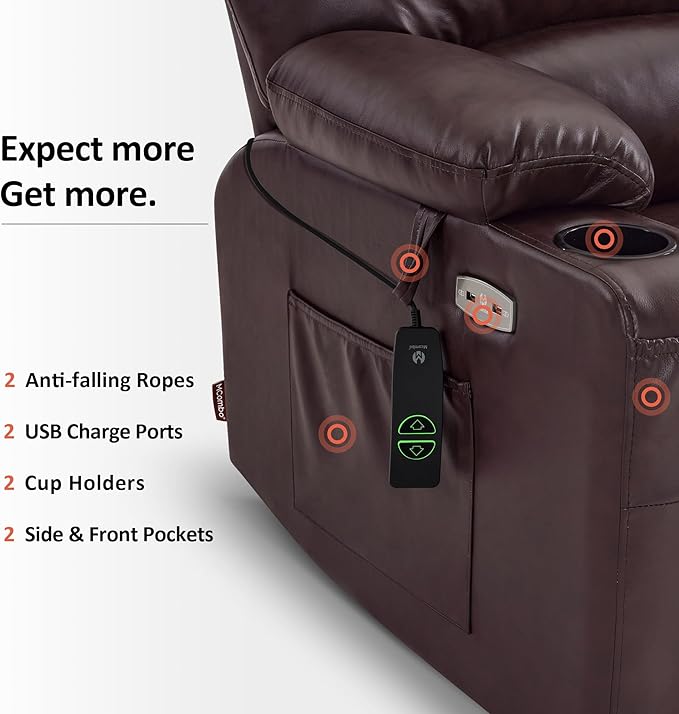 MCombo Power Lift Recliner Chair for Elderly, Lift Chair with Heat and Massage, Extra Wide Lift Recliner for Big People, Faux Leather R7096 (Medium-Wide, Dark Brown)
