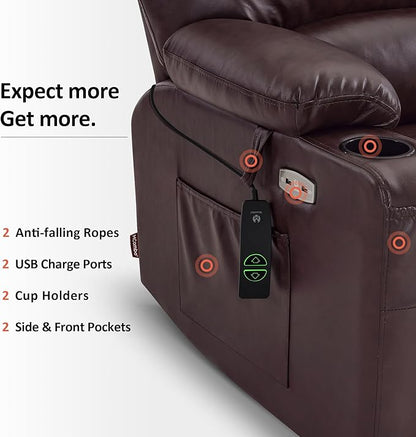 MCombo Power Lift Recliner Chair for Elderly, Lift Chair with Heat and Massage, Extra Wide Lift Recliner for Big People, Faux Leather R7096 (Medium-Wide, Dark Brown)