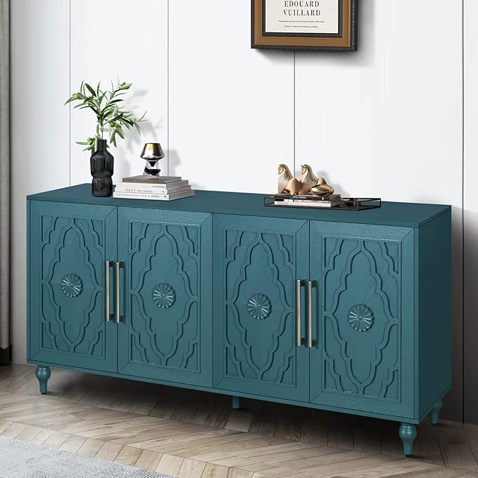 Sideboard Buffet Credenza for Living Room, 63" Blue Entryway Table with Storage Accent Cabinet, Carved Flowers Doors & Wire Holes