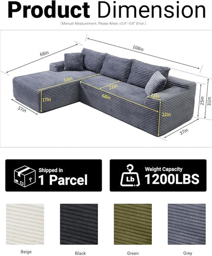 108 Inch Cloud Sectional Couch,Modern Modular Sectional Sofa with Deep Seat,Corduroy Boneless Couches with L-Shape Chaise for Living Room,No Assembly Required (Grey, Left Facing Chaise)