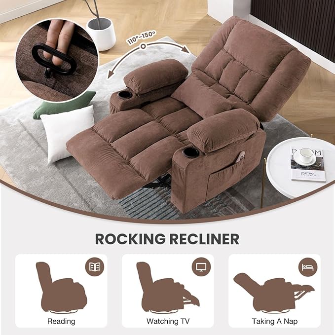 BOSMILLER Oversized Recliner Chair for Adults with Vibration Massage and Lumbar Heating Swivel Rocker Recliner with Cup Holder and USB Charge Port for Living Room