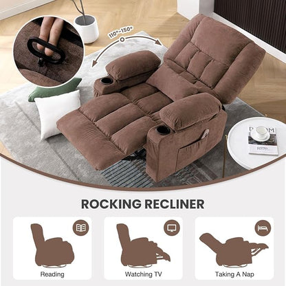 BOSMILLER Oversized Recliner Chair for Adults with Vibration Massage and Lumbar Heating Swivel Rocker Recliner with Cup Holder and USB Charge Port for Living Room