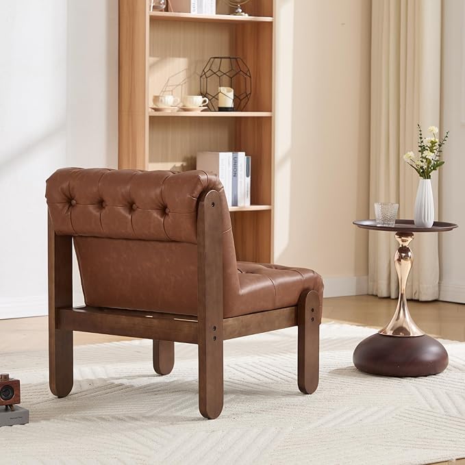 HEAH-YO Accent Chair Set of 1,Modern Vintage Living Room Chair for Bedroom with Button Tufted Back and Wood Legs,Upholstered Comfy Reading Chair for Makeup Vanity Cafe,PU Brown