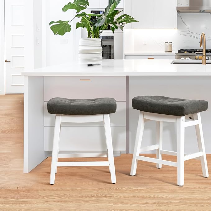 Counter Height Bar Stools Set of 4 for Kitchen Counter Farmhouse Modern Barstools with Faux Leather Upholstered Backless Seat and Solid Wood Legs 24 inch Bar Chairs, Grey + White