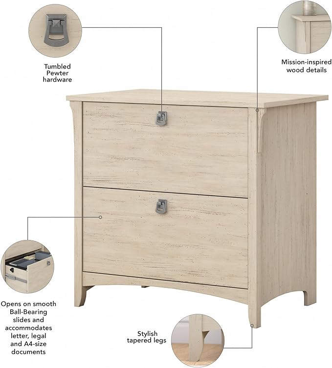 Bush Furniture Salinas 2 Drawer Lateral File Cabinet in Antique White, Home Office Storage Solution, Organizer with Drawers for Workspace, Filing Unit