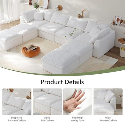 138" Boneless Cloud Couch Modular Sectional Sofa with Deep Seat for Living Room, L Shape Couch with Ottoman, Snowflake Cloth and 40D Memory Sponge，2 Throw Pillows (White, 4 Seater+4 Ottoman)