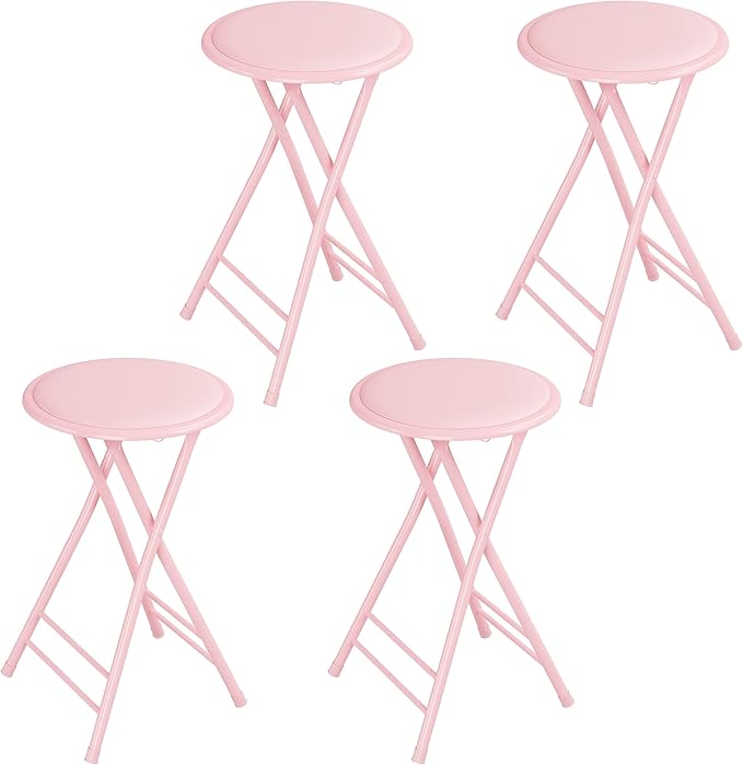 Lavish Home Set of 4 Counter Height Bar Stools – 24-Inch Backless Folding Chairs with 225lb Capacity for Kitchen, Rec Room, or Game Room (Pink)