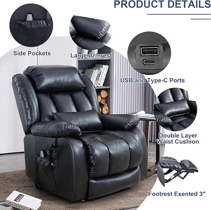 MAEVIS Large Genuine Leather Power Lift Recliner Chair, Dual Motor Recliner for Elderly,Extended Footrest and Lumbar Pillow for Tall Man,with Heat and Massage, USB and Type-C Ports(Deep Blue)