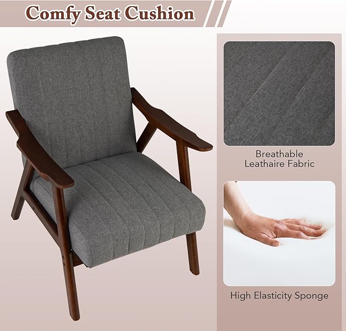 Giantex Mid-Century Modern Accent Chair, Upholstered Comfy Living Room Chair with Arms, Anti-Slip Felt Pads, Wooden Frame Soft Padded Armchair for Living Room Bedroom Office Study, Light Grey