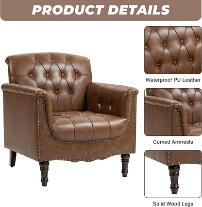 Lumibee Faux Leather Armchairs, Contemporary Accent Chairs Set of 2 with Nailhead Trims & Wood Legs for Living Room, Upholstered Comfy Arm Chairs for Office,Bedroom-Brown
