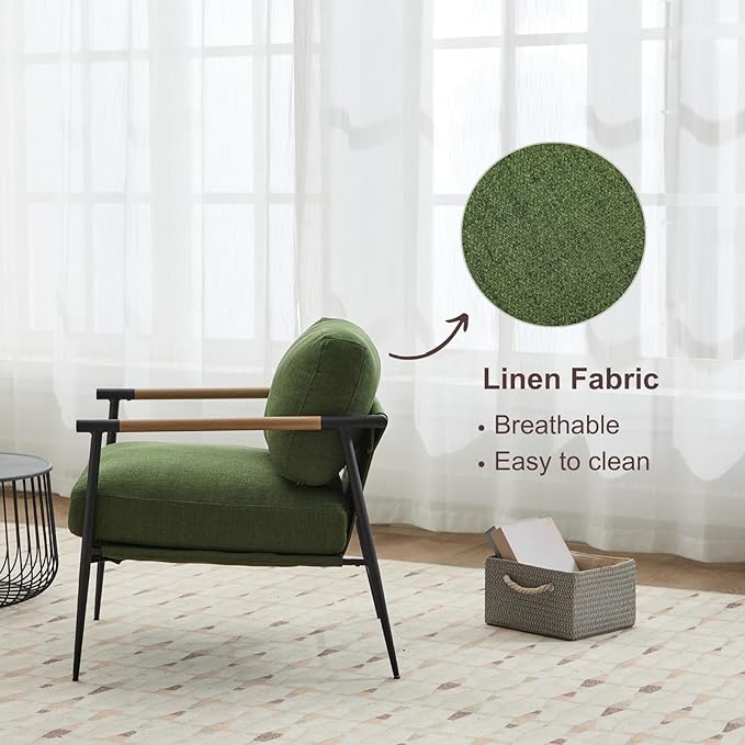 HEAH-YO Modern Accent Chair Set of 1, Upholstered Linen Fabric Living Room Chair with Backrests and Metal Legs, Comfy Reading Side Armchair for Bedroom, Green