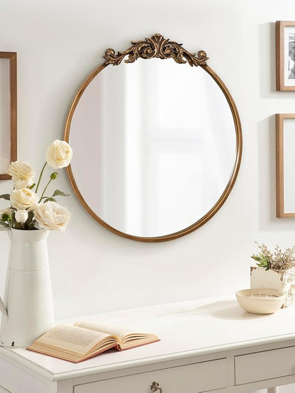 Kate and Laurel Arendahl Ornate Glam Round Mirror; 24 Inch Diameter; Gold; Dramatic Baroque Style Wall Mirror for Vintage Antique Inspired Home Decor Aesthetic