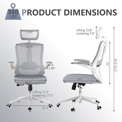 Office Chair,Ergonomic Comfy Home Desk Chair with 350LBS Capacity,High Back Gaming Chair with Wheels,Mesh Computer Chair,Lumbar Support, Adjustable Headrest,Flip-up Armrest